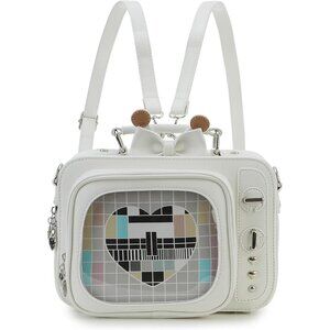 Retro TV Shaped Ita Backpack with Pin Display and Inserts White Crossbody Purse